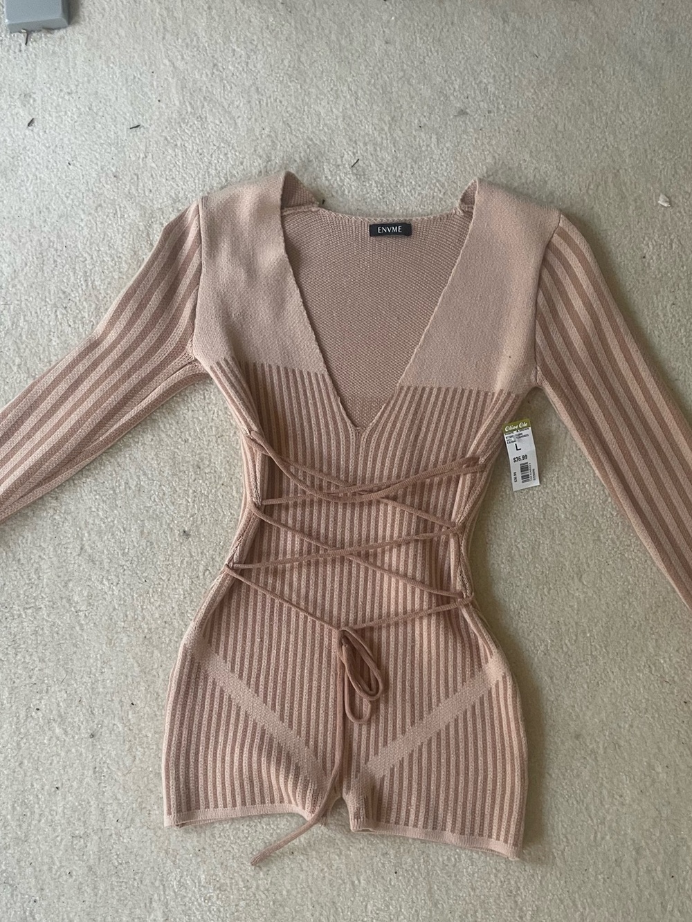 OLIVE OLE/ENVME Blush Ribbed Lace-Up Knit Romper